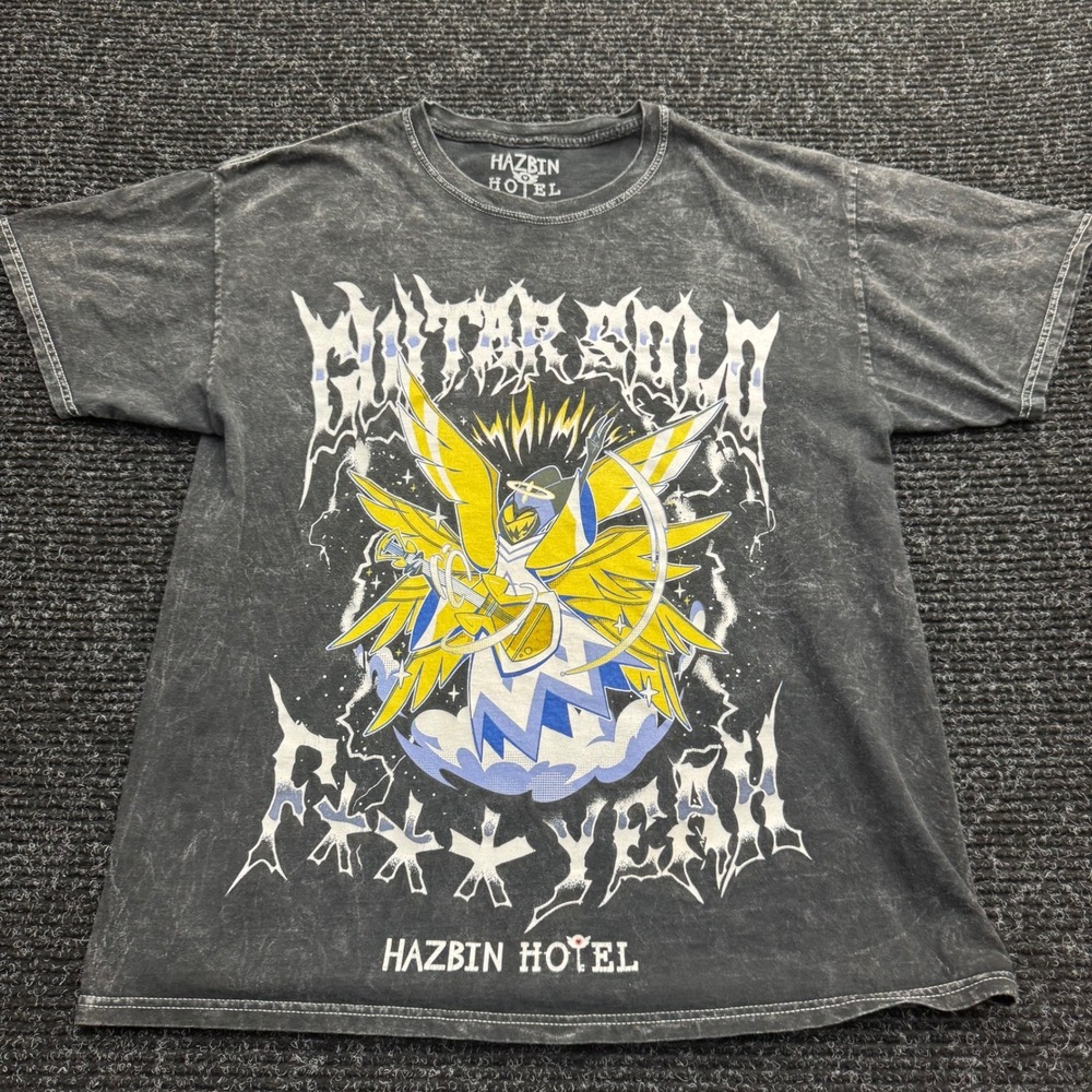 Hazbin Hotel Adam Guitar Solo Acid Wash Graphic T-Shirt Medium Grey A24 Amazon